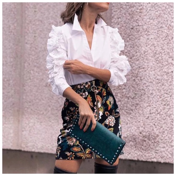Tops - White Ruffle Sleeve Button Blouse Top
